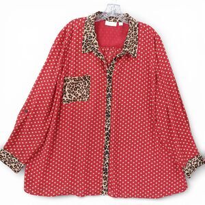 Belle by Kim Gravel Polka Dot Leopard Trim Blouse 3X Red Button Front Tunic Top